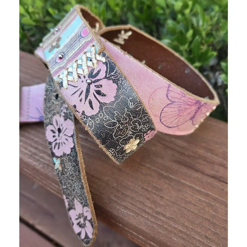 Fossil Boho Floral Leather Belt Pink Turquoise Whipstitch Western Festival L